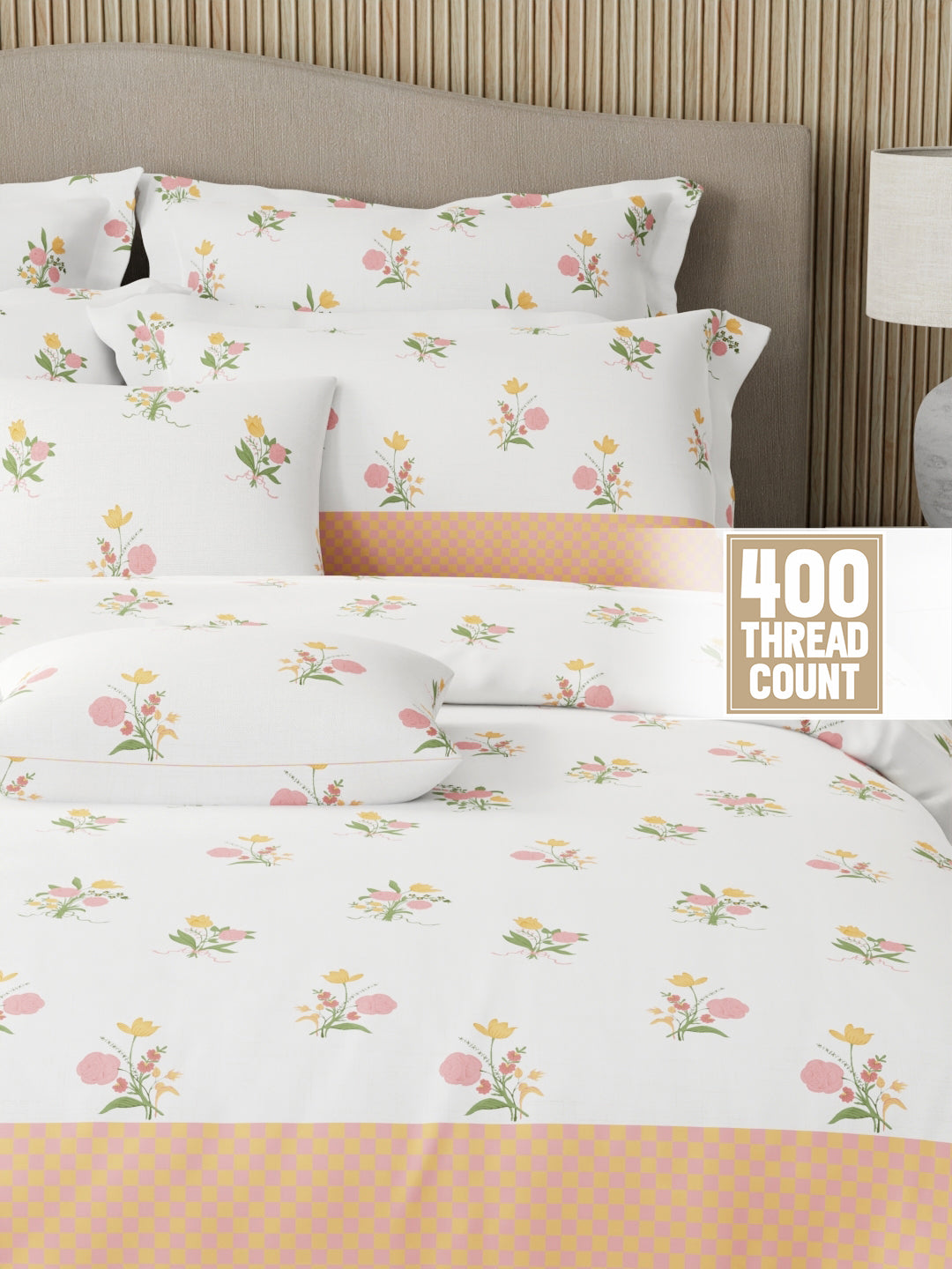 Royal Essence 100% Cotton 400 TC Pink & Orange Floral King Bedsheet with 4 Pillow Covers & 2 Cushion Covers