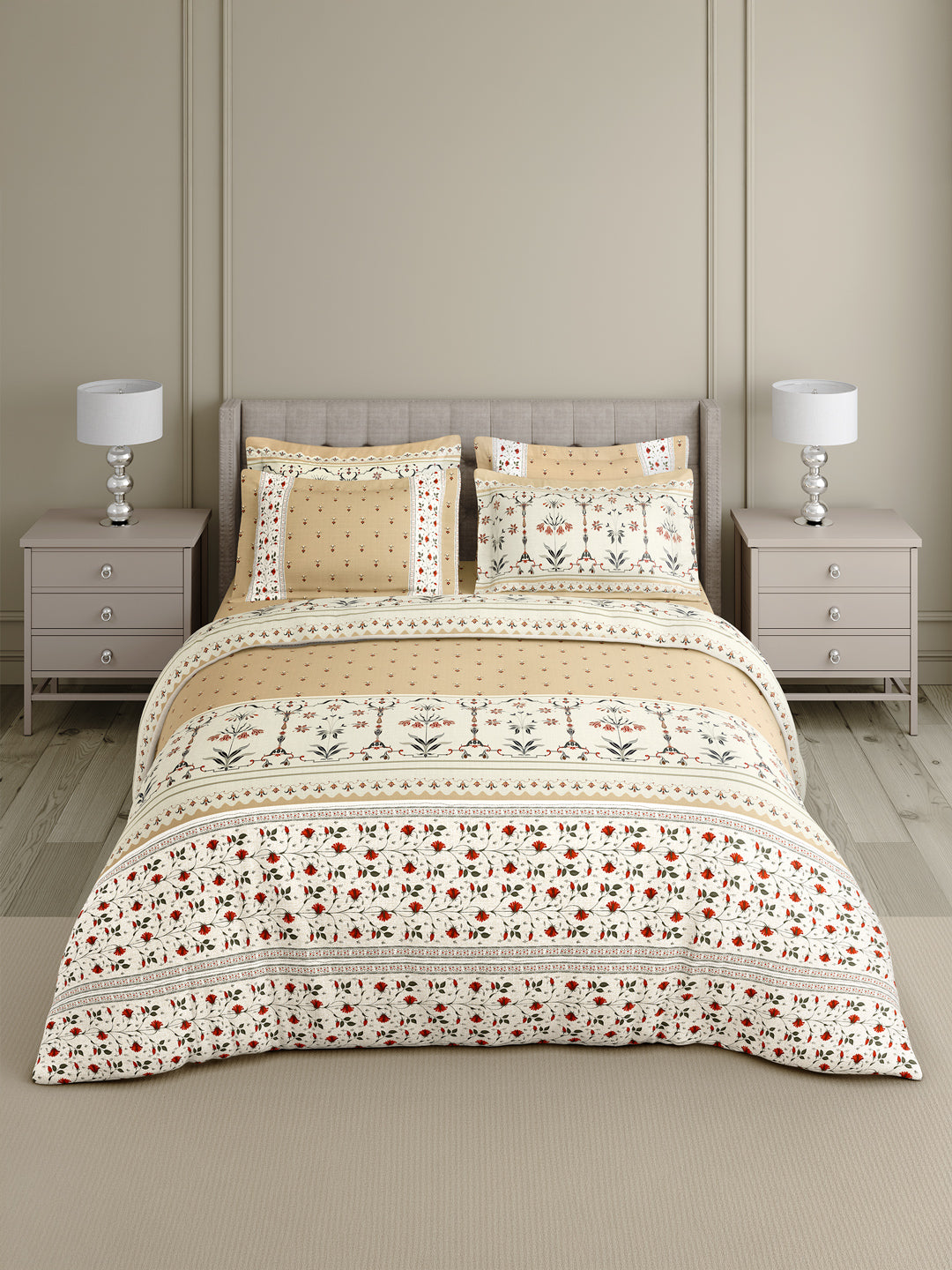 100% Cotton 800 TC King Bedsheet Set, Beige Digitally Printed, Platinum Pulse Collection, Meenakari Design Prints