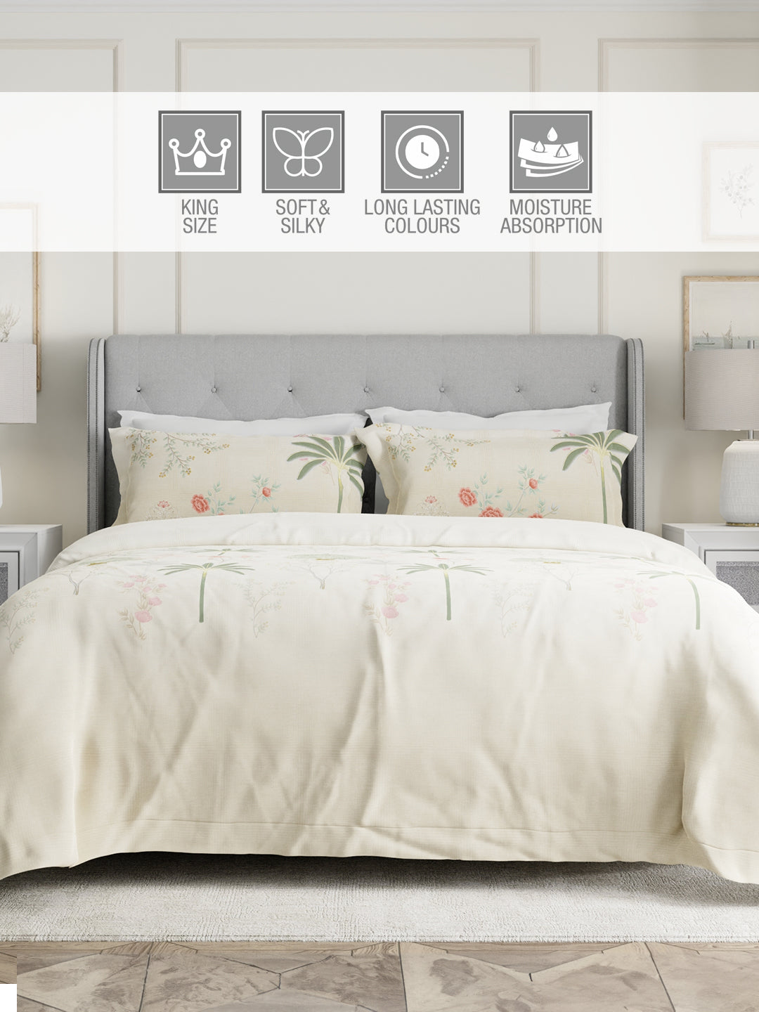 Gardenia Augusta 100% Cotton 300 TC Cream & Green Digital Floral Print King Bedsheet with 2 Pillow Covers