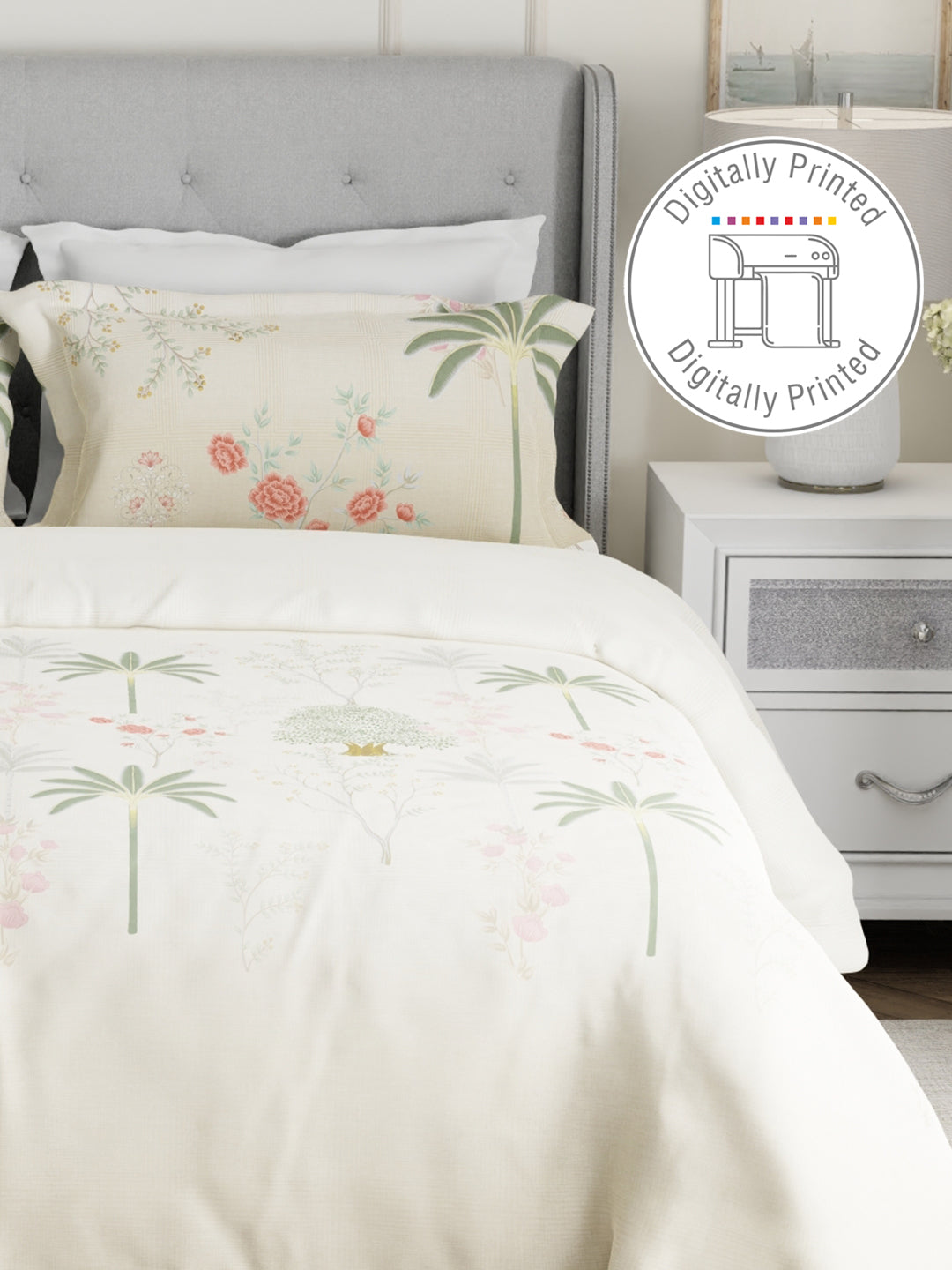 Gardenia Augusta 100% Cotton 300 TC Cream & Green Digital Floral Print King Bedsheet with 2 Pillow Covers