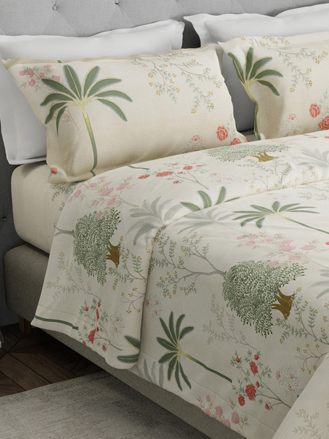 Gardenia Augusta 100% Cotton 300 TC Cream & Green Digital Floral Print King Bedsheet with 2 Pillow Covers
