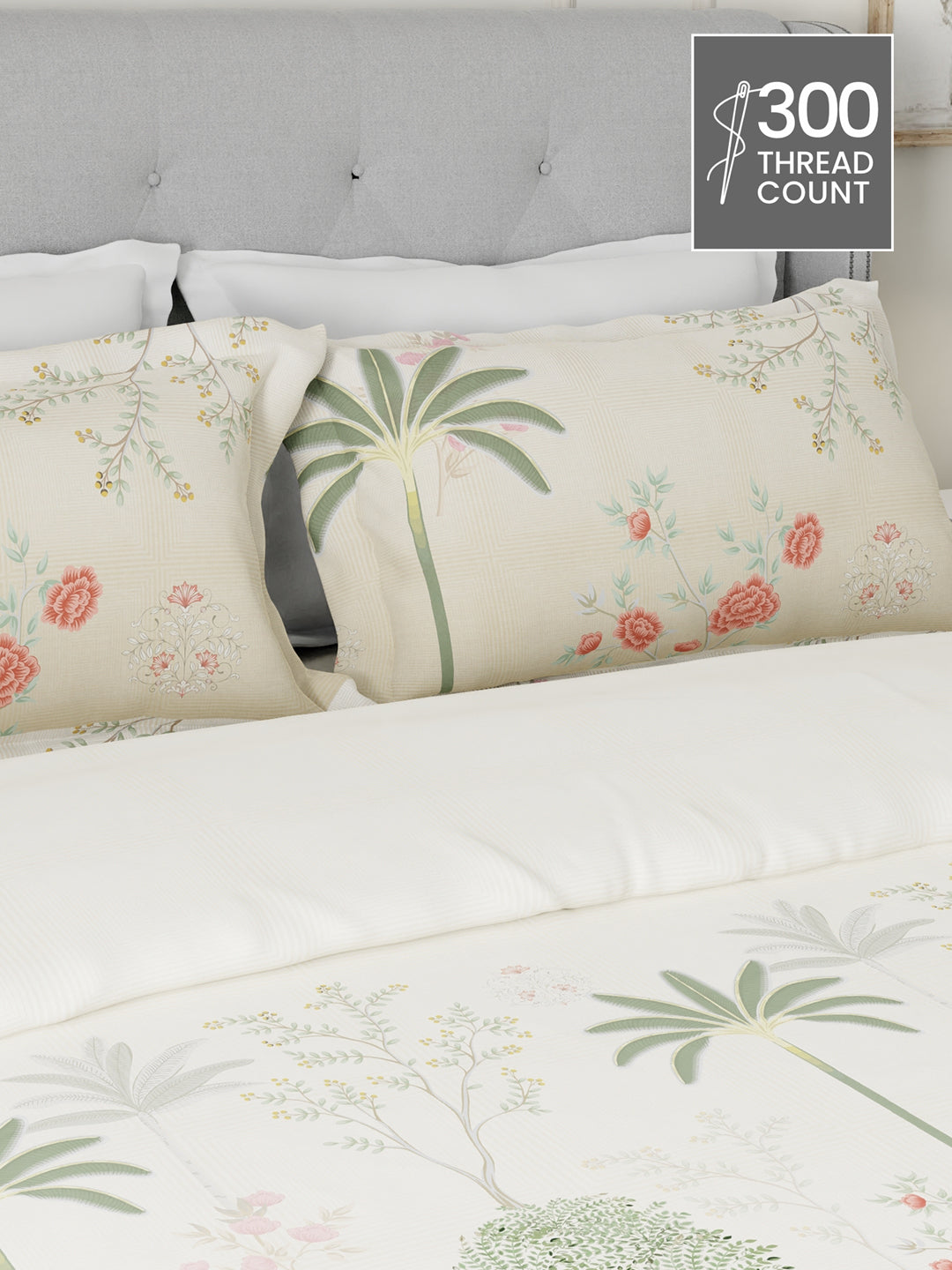 Gardenia Augusta 100% Cotton 300 TC Cream & Green Digital Floral Print King Bedsheet with 2 Pillow Covers