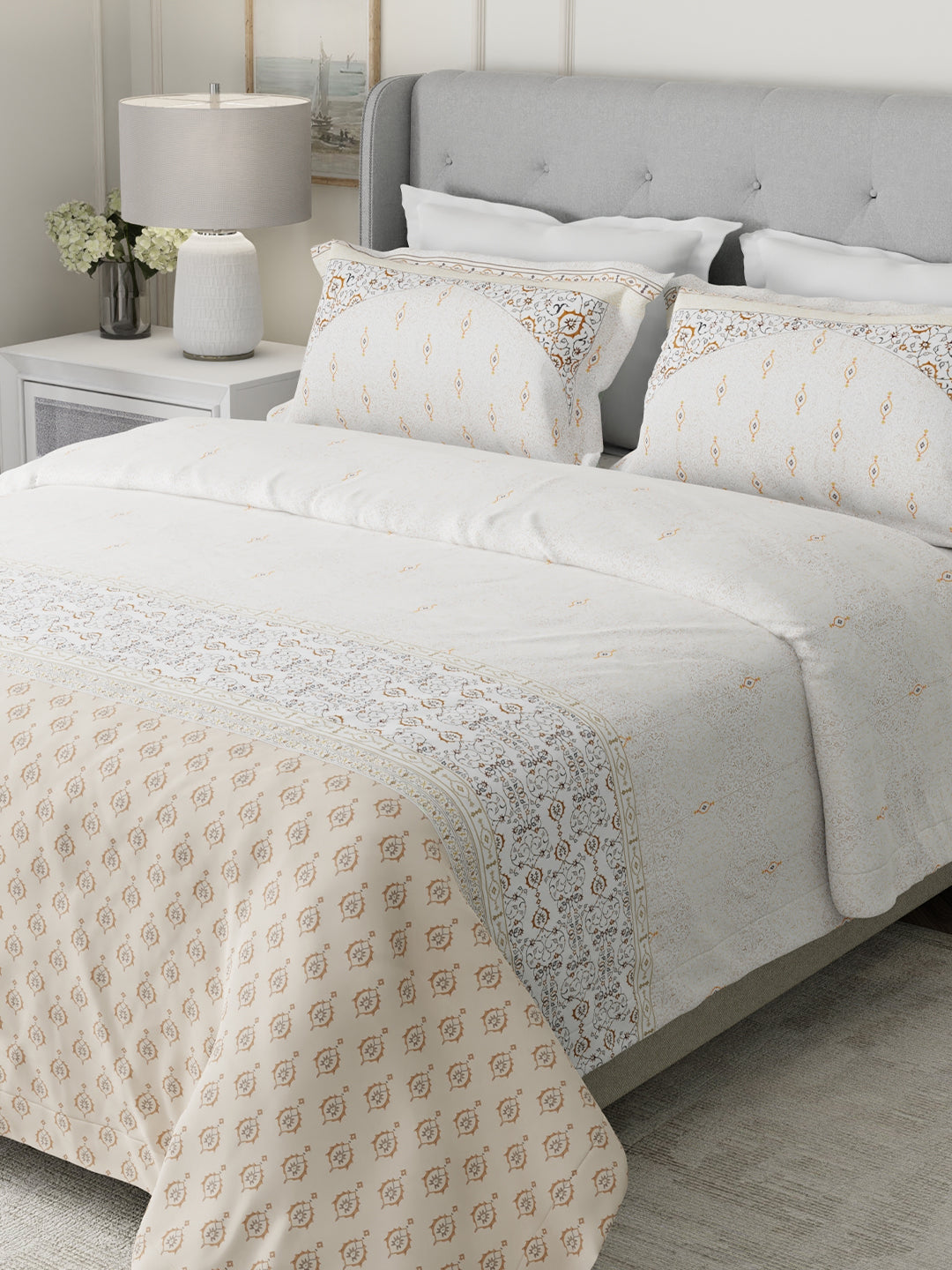 100% Cotton 300 TC White & Beige Digital Ethnic Print King Bedsheet with 2 Pillow Covers - Gardenia Augusta