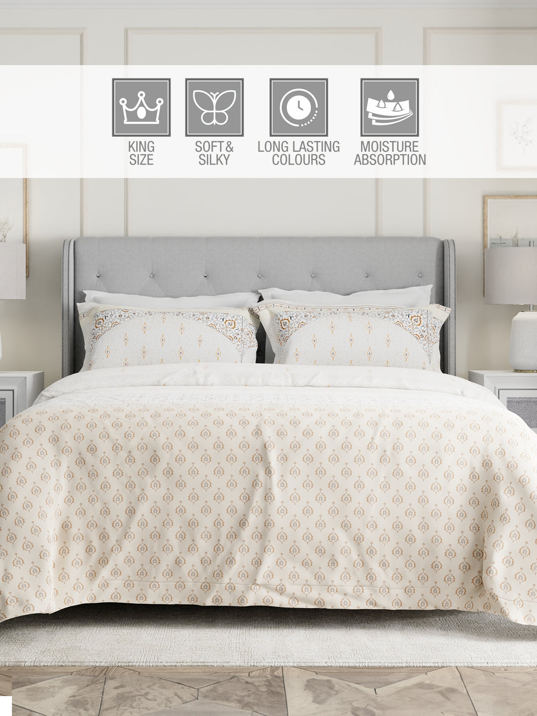 100% Cotton 300 TC White & Beige Digital Ethnic Print King Bedsheet with 2 Pillow Covers - Gardenia Augusta