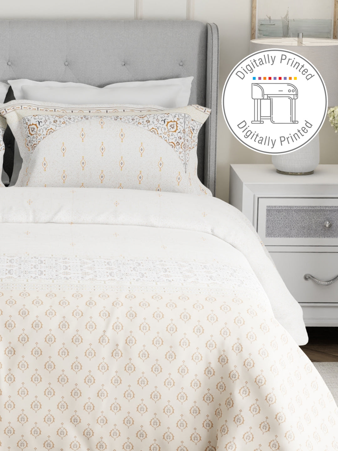 100% Cotton 300 TC White & Beige Digital Ethnic Print King Bedsheet with 2 Pillow Covers - Gardenia Augusta