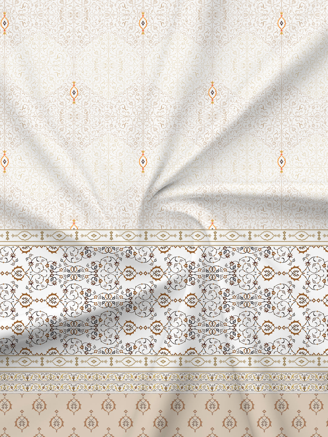 100% Cotton 300 TC White & Beige Digital Ethnic Print King Bedsheet with 2 Pillow Covers - Gardenia Augusta