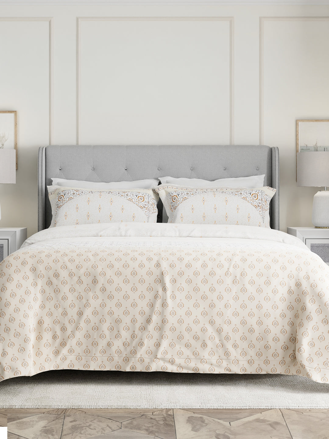100% Cotton 300 TC White & Beige Digital Ethnic Print King Bedsheet with 2 Pillow Covers - Gardenia Augusta
