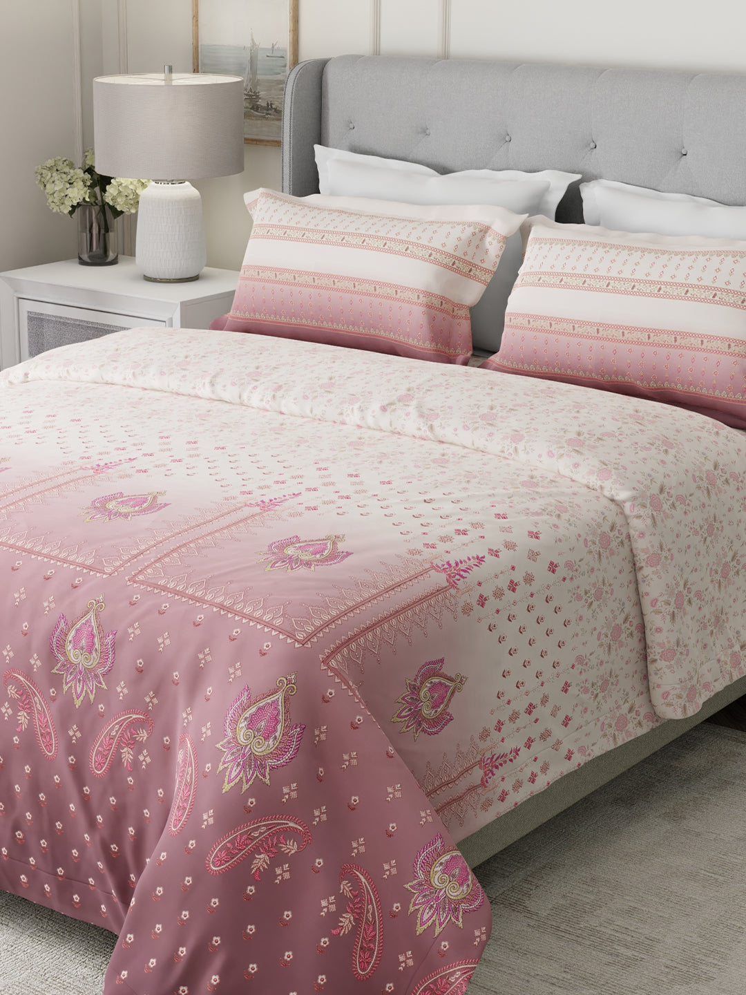 100% Cotton 300 TC Pink & White Digital Ethnic Print King Bedsheet with 2 Pillow Covers - Gardenia Augusta