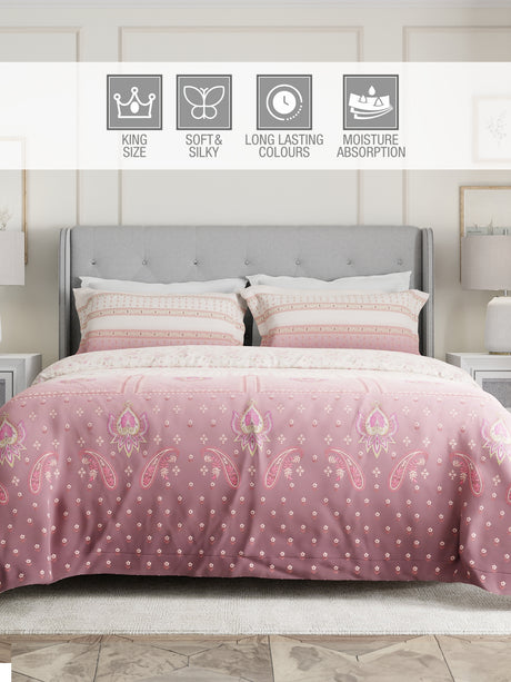 Gardenia Augusta 100% Cotton 300 TC Pink & White Digital Ethnic Print King Bedsheet with 2 Pillow Covers