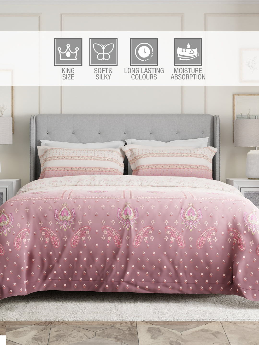 100% Cotton 300 TC Pink & White Digital Ethnic Print King Bedsheet with 2 Pillow Covers - Gardenia Augusta