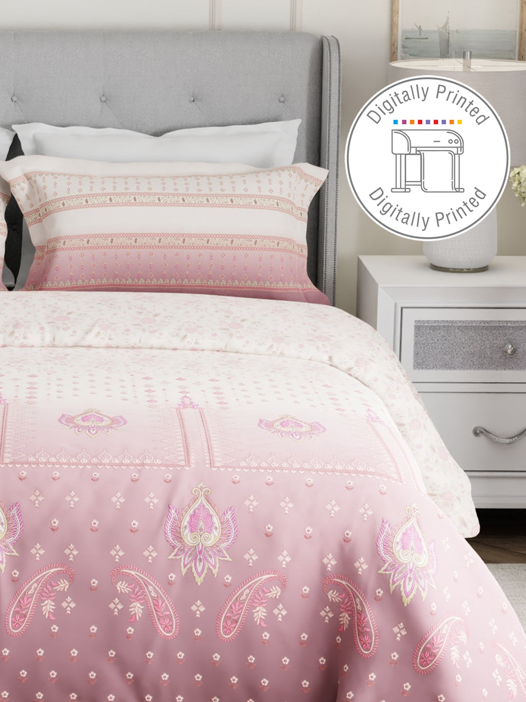 100% Cotton 300 TC Pink & White Digital Ethnic Print King Bedsheet with 2 Pillow Covers - Gardenia Augusta