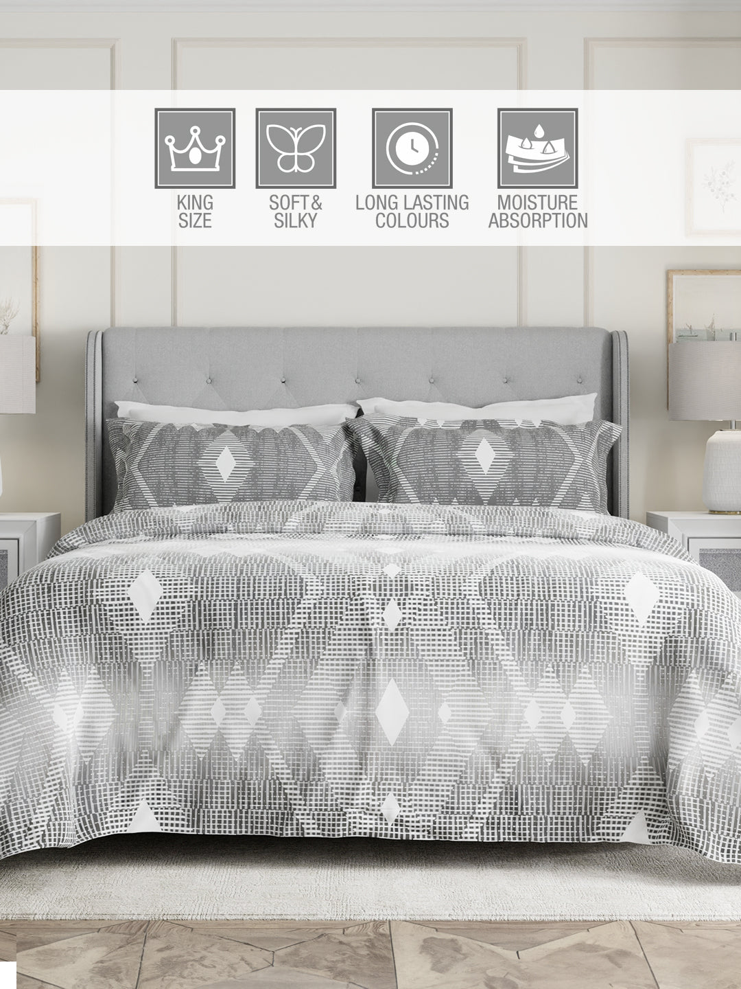 100% Cotton 300 TC Grey Digital Geometrical Print King Bedsheet with 2 Pillow Covers - Gardenia Augusta
