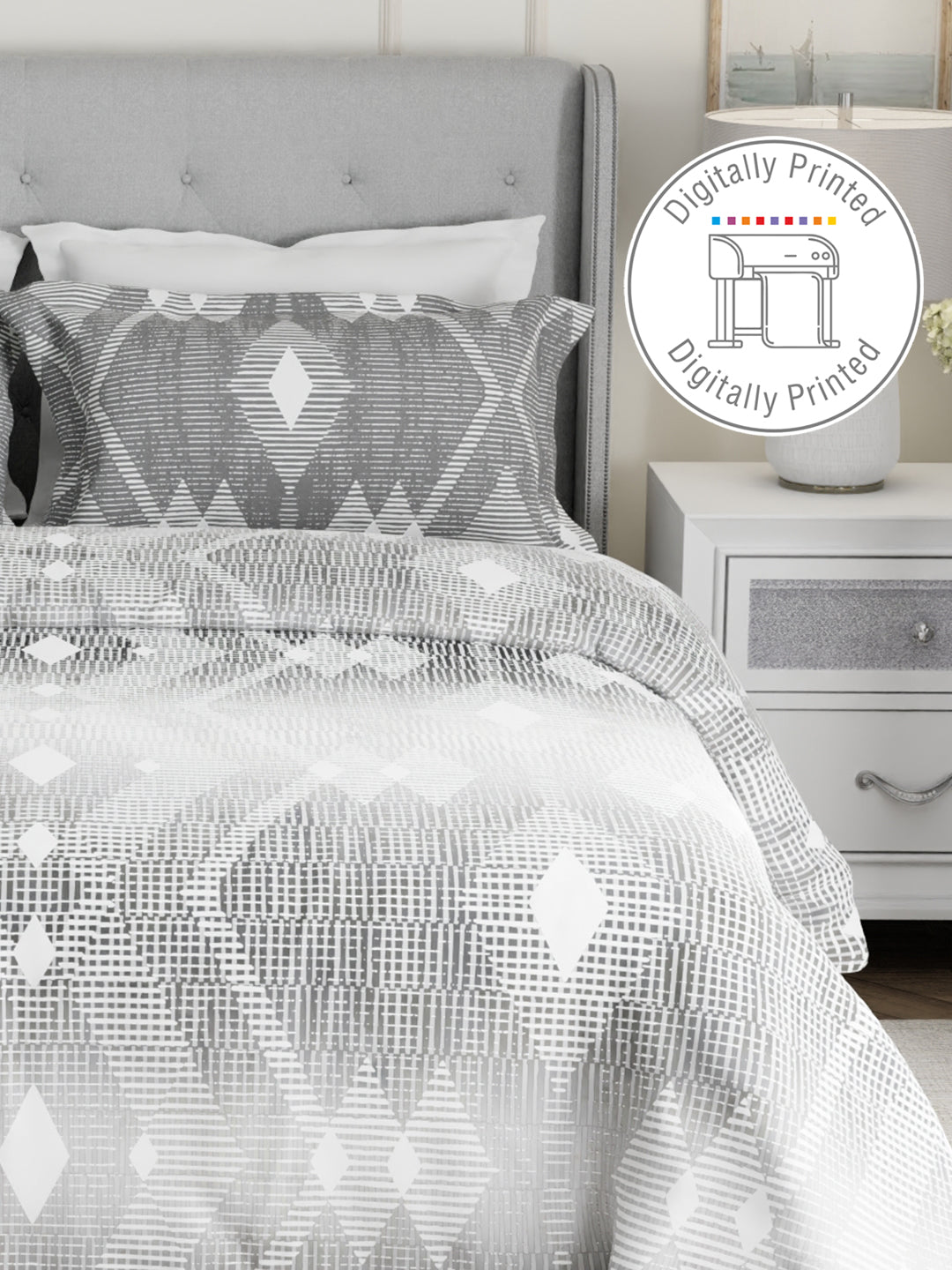 100% Cotton 300 TC Grey Digital Geometrical Print King Bedsheet with 2 Pillow Covers - Gardenia Augusta