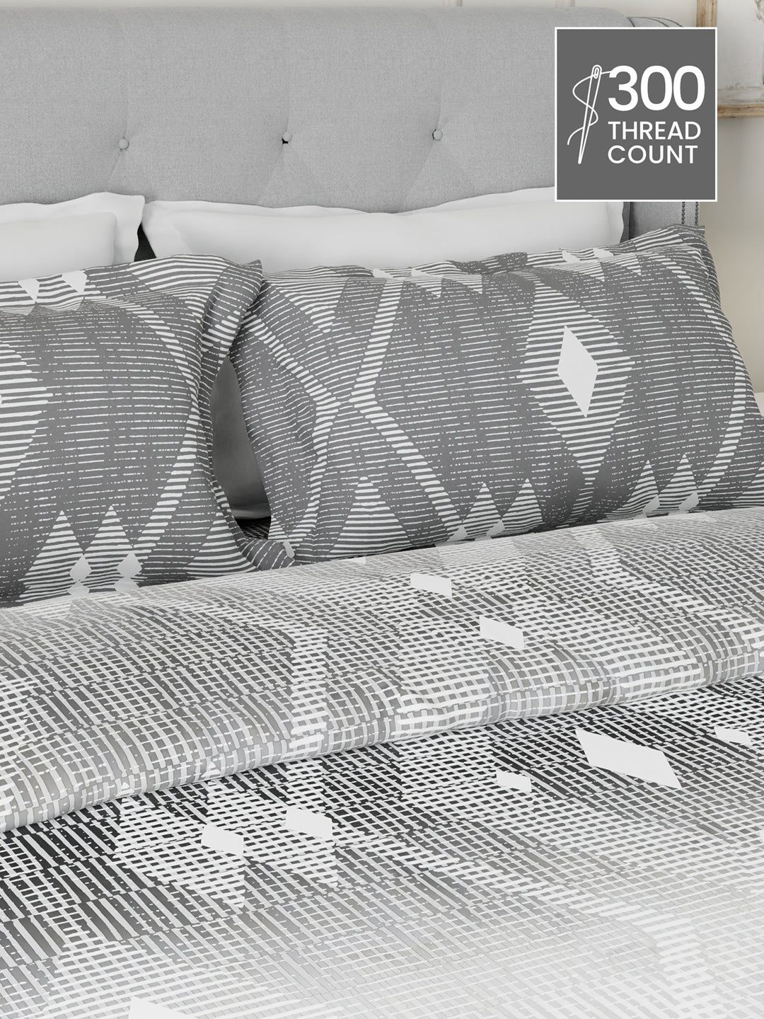 100% Cotton 300 TC Grey Digital Geometrical Print King Bedsheet with 2 Pillow Covers - Gardenia Augusta