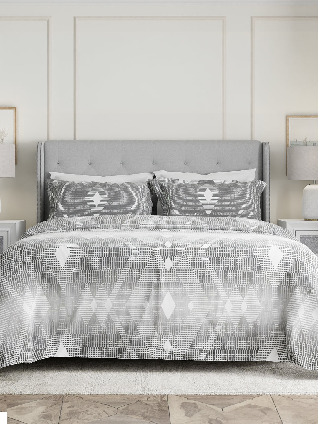 100% Cotton 300 TC Grey Digital Geometrical Print King Bedsheet with 2 Pillow Covers - Gardenia Augusta