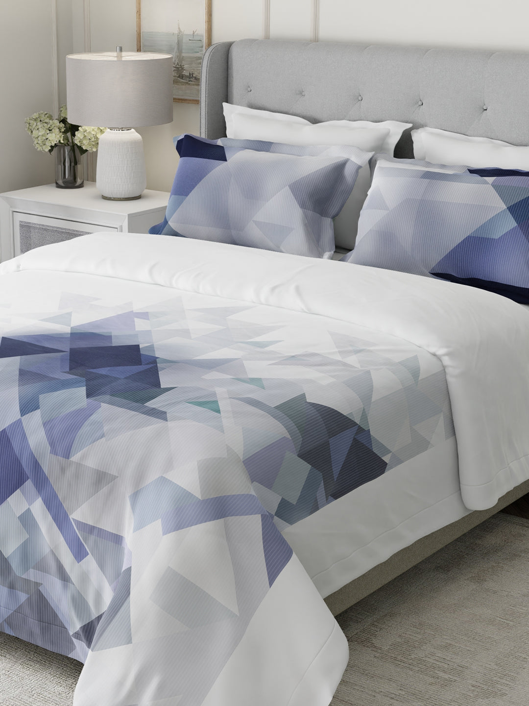 100% Cotton 300 TC Blue & Grey Digital Geometrical Print King Bedsheet with 2 Pillow Covers - Gardenia Augusta