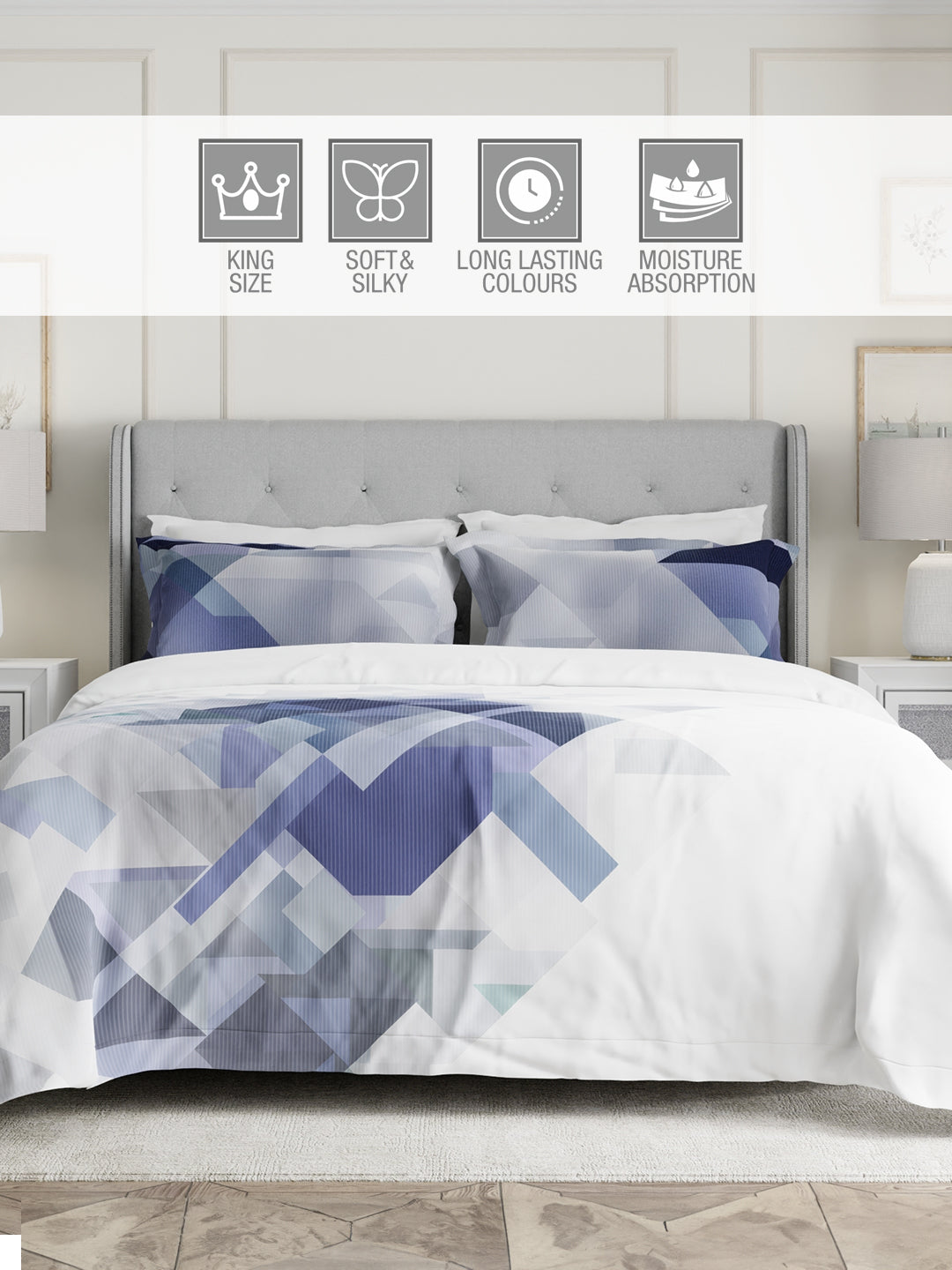 100% Cotton 300 TC Blue & Grey Digital Geometrical Print King Bedsheet with 2 Pillow Covers - Gardenia Augusta
