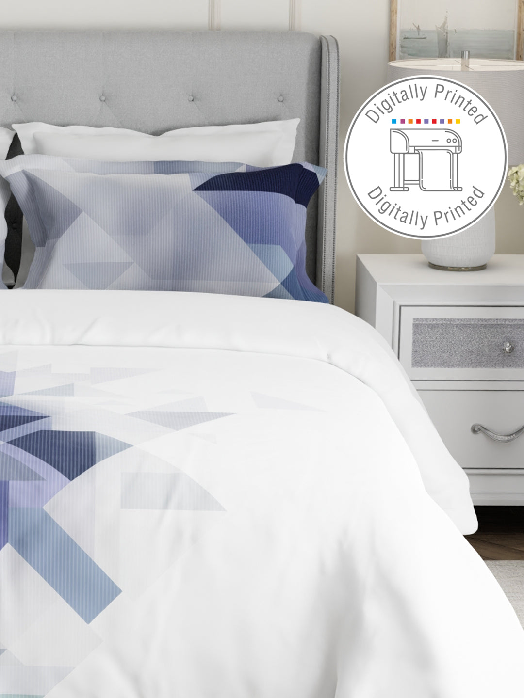 100% Cotton 300 TC Blue & Grey Digital Geometrical Print King Bedsheet with 2 Pillow Covers - Gardenia Augusta