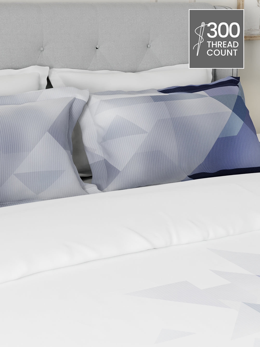 100% Cotton 300 TC Blue & Grey Digital Geometrical Print King Bedsheet with 2 Pillow Covers - Gardenia Augusta