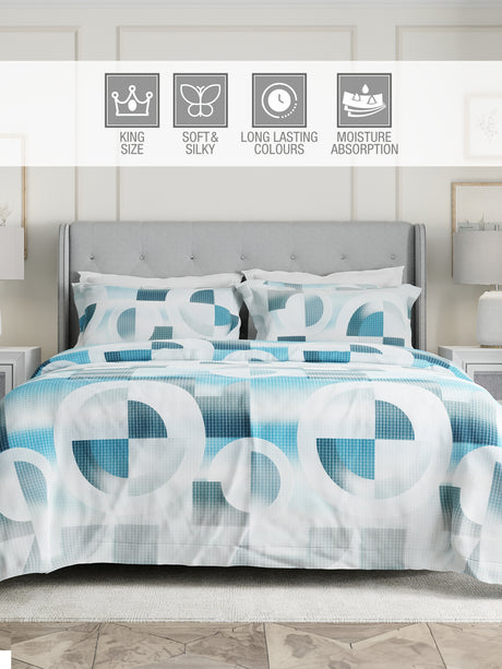 Gardenia Augusta 100% Cotton 300 TC Blue & White Digital Geometrical Print King Bedsheet with 2 Pillow Covers