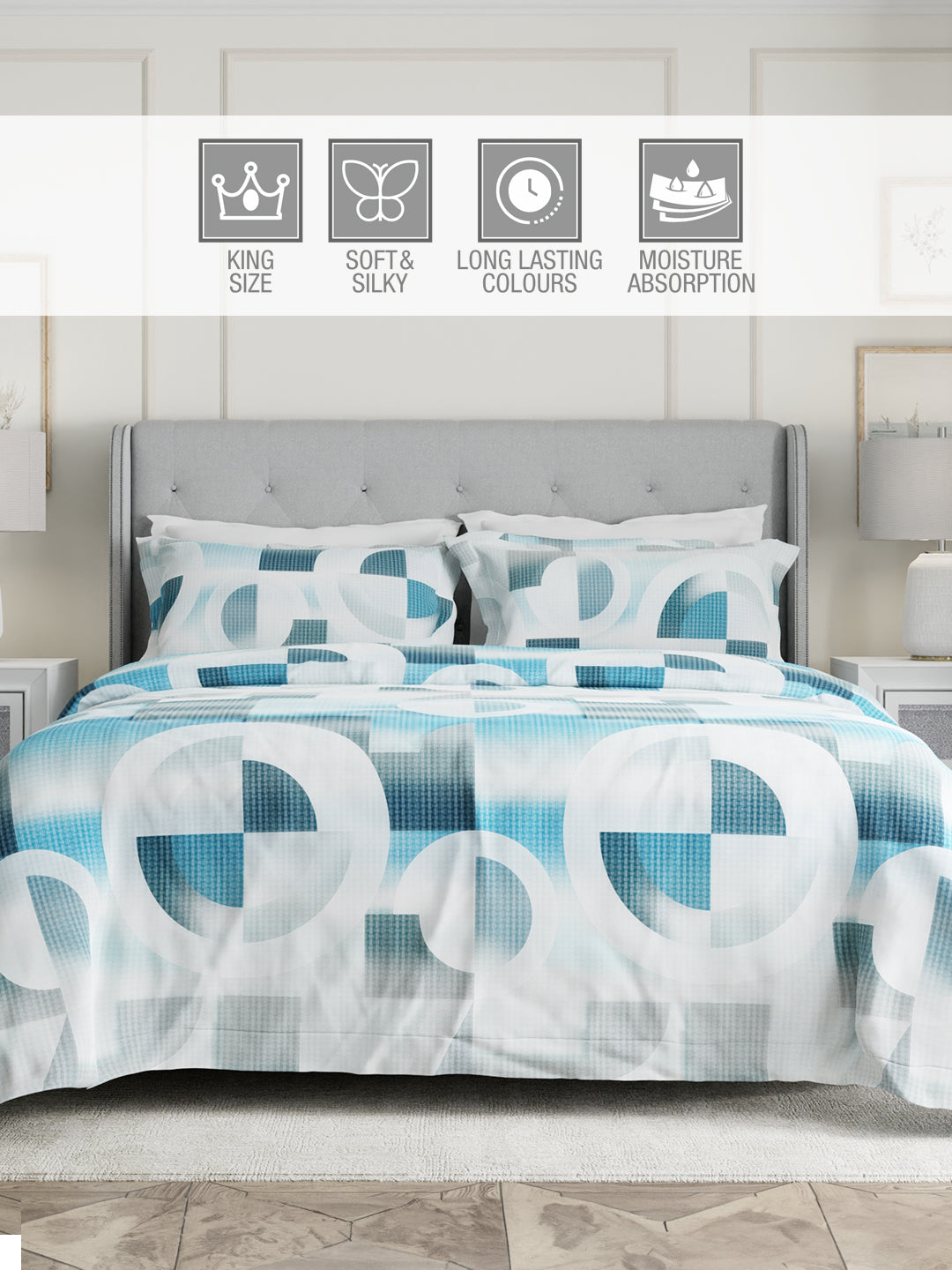 100% Cotton 300 TC Blue & White Digital Geometrical Print King Bedsheet with 2 Pillow Covers - Gardenia Augusta