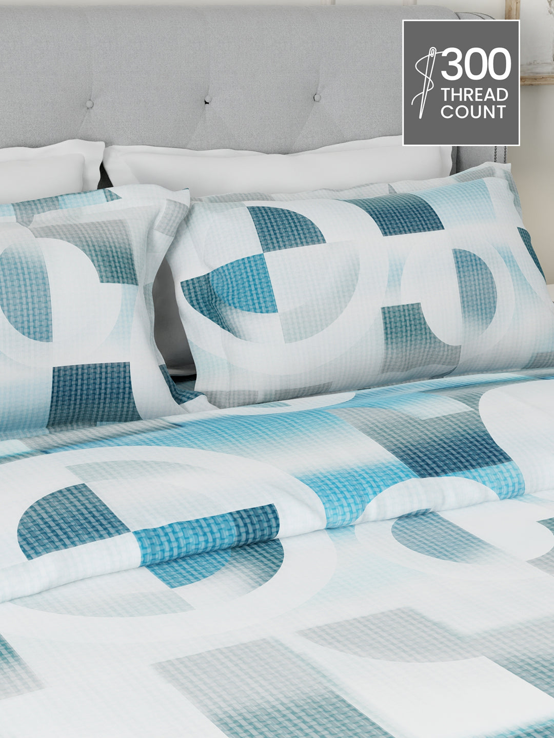 100% Cotton 300 TC Blue & White Digital Geometrical Print King Bedsheet with 2 Pillow Covers - Gardenia Augusta