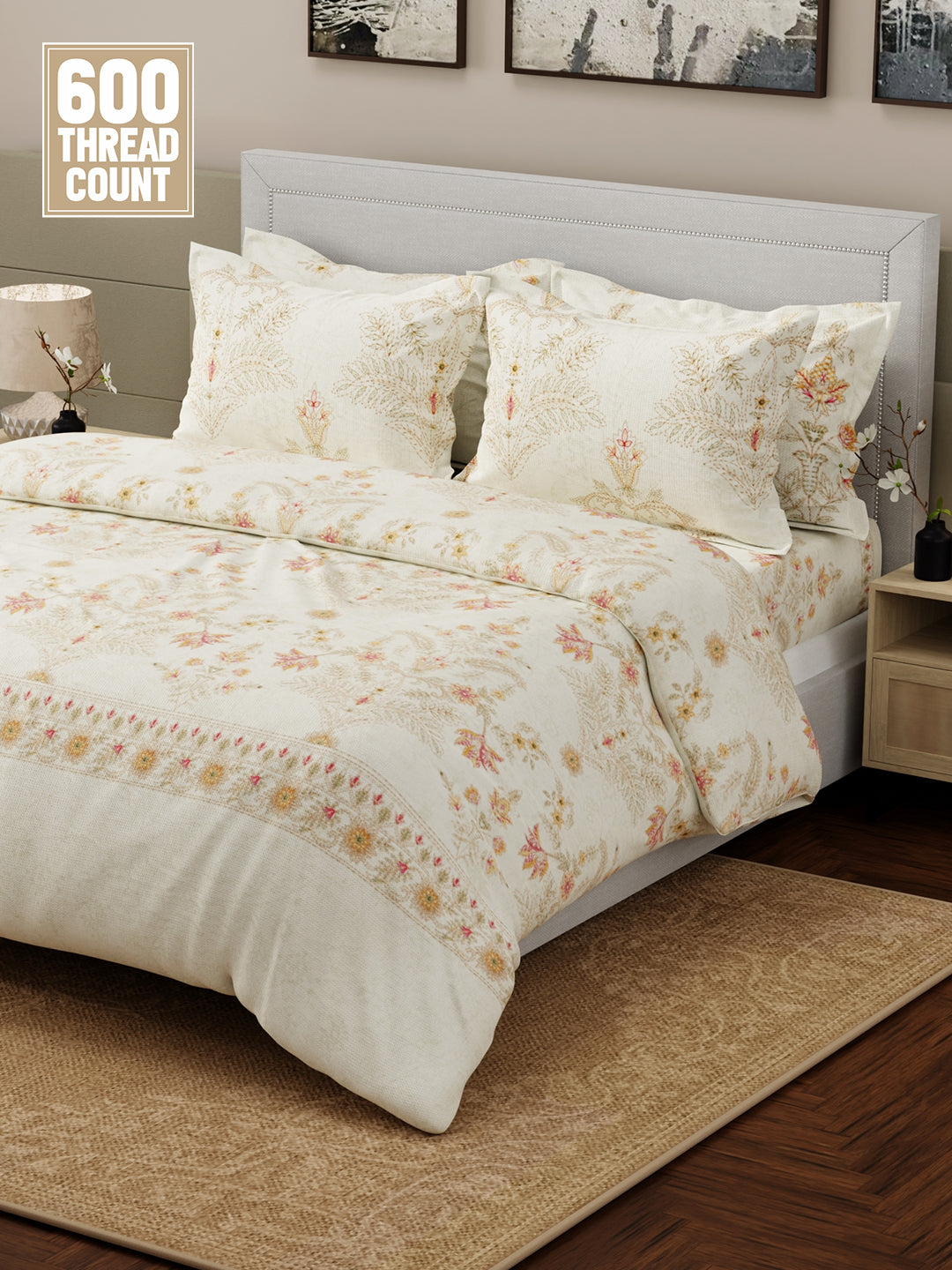 Luxe Loom 100% Cotton 600 TC Ivory Floral King Bedsheet with 4 Pillow Covers