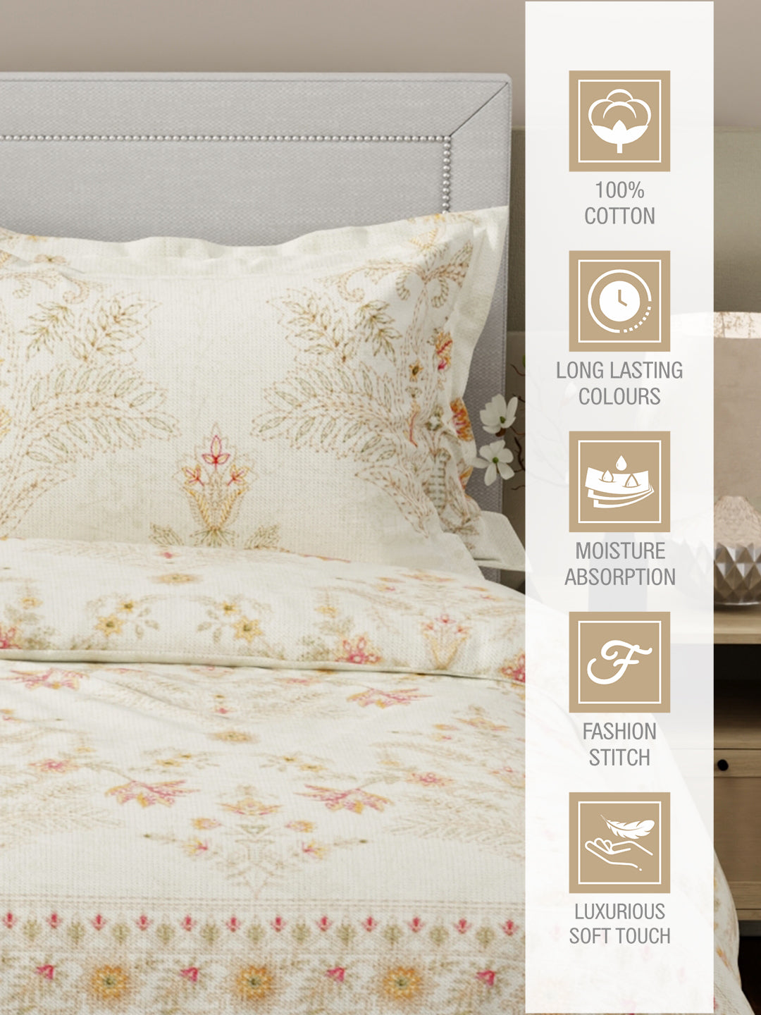 Luxe Loom 100% Cotton 600 TC Ivory Floral King Bedsheet with 4 Pillow Covers