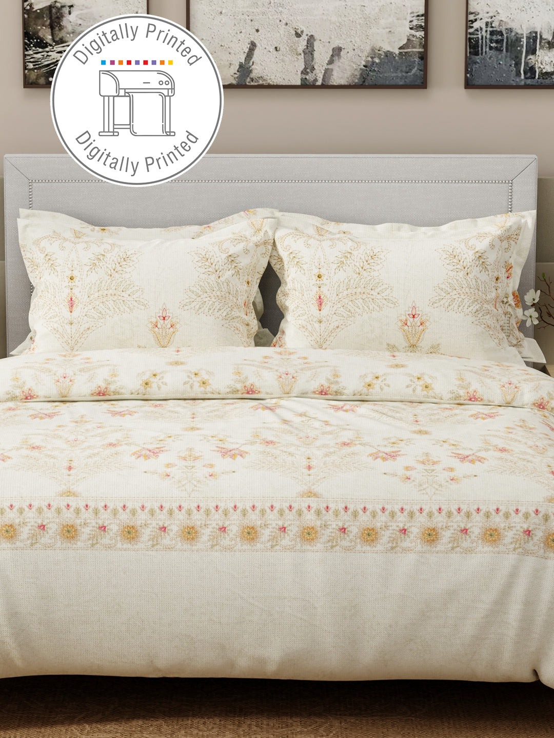 Luxe Loom 100% Cotton 600 TC Ivory Floral King Bedsheet with 4 Pillow Covers
