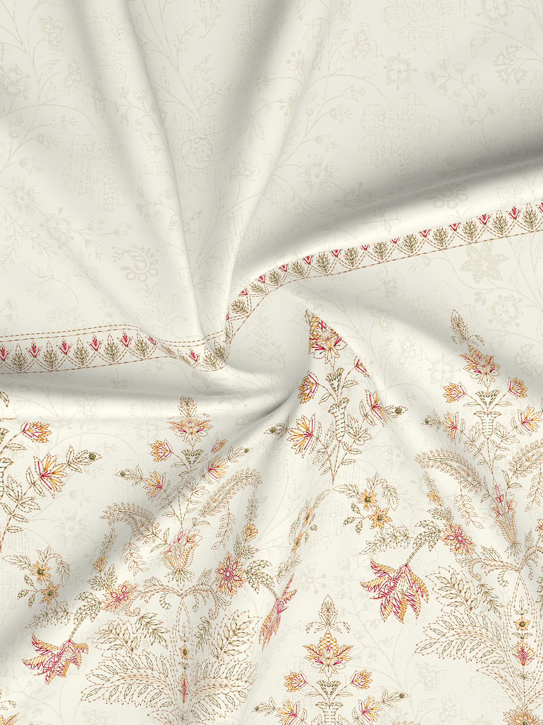 Luxe Loom 100% Cotton 600 TC Ivory Floral King Bedsheet with 4 Pillow Covers