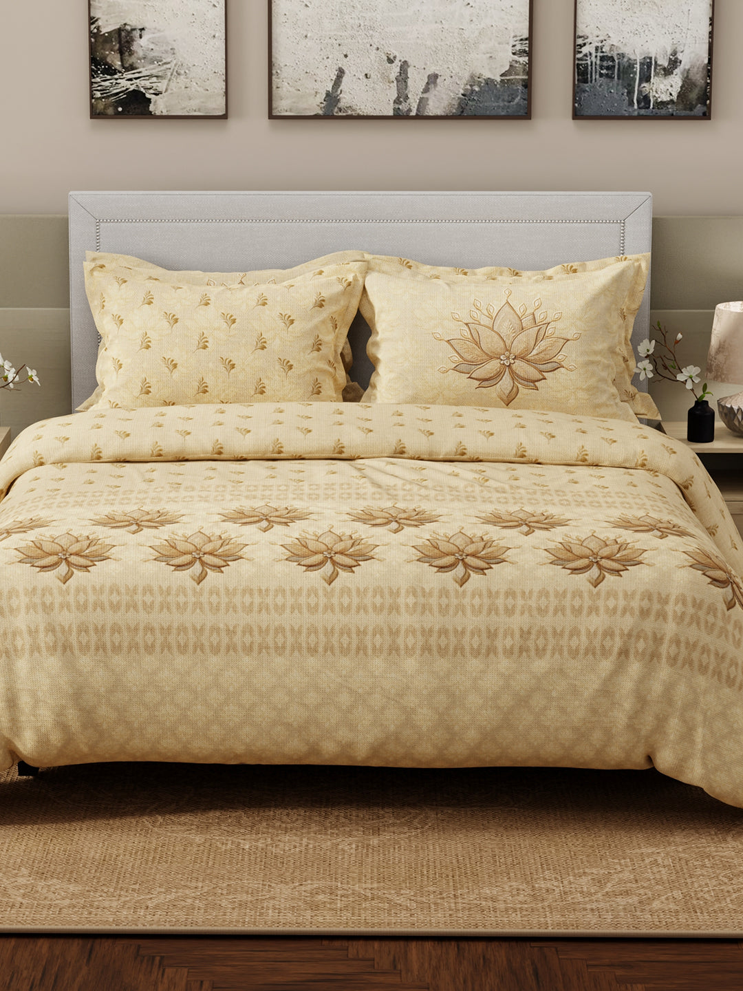 Luxe Loom 100% Cotton 600 TC Beige Floral King Bedsheet with 4 Pillow Covers