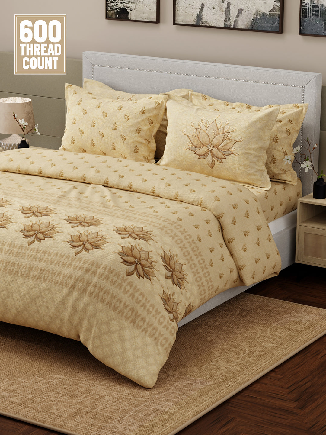 Luxe Loom 100% Cotton 600 TC Beige Floral King Bedsheet with 4 Pillow Covers