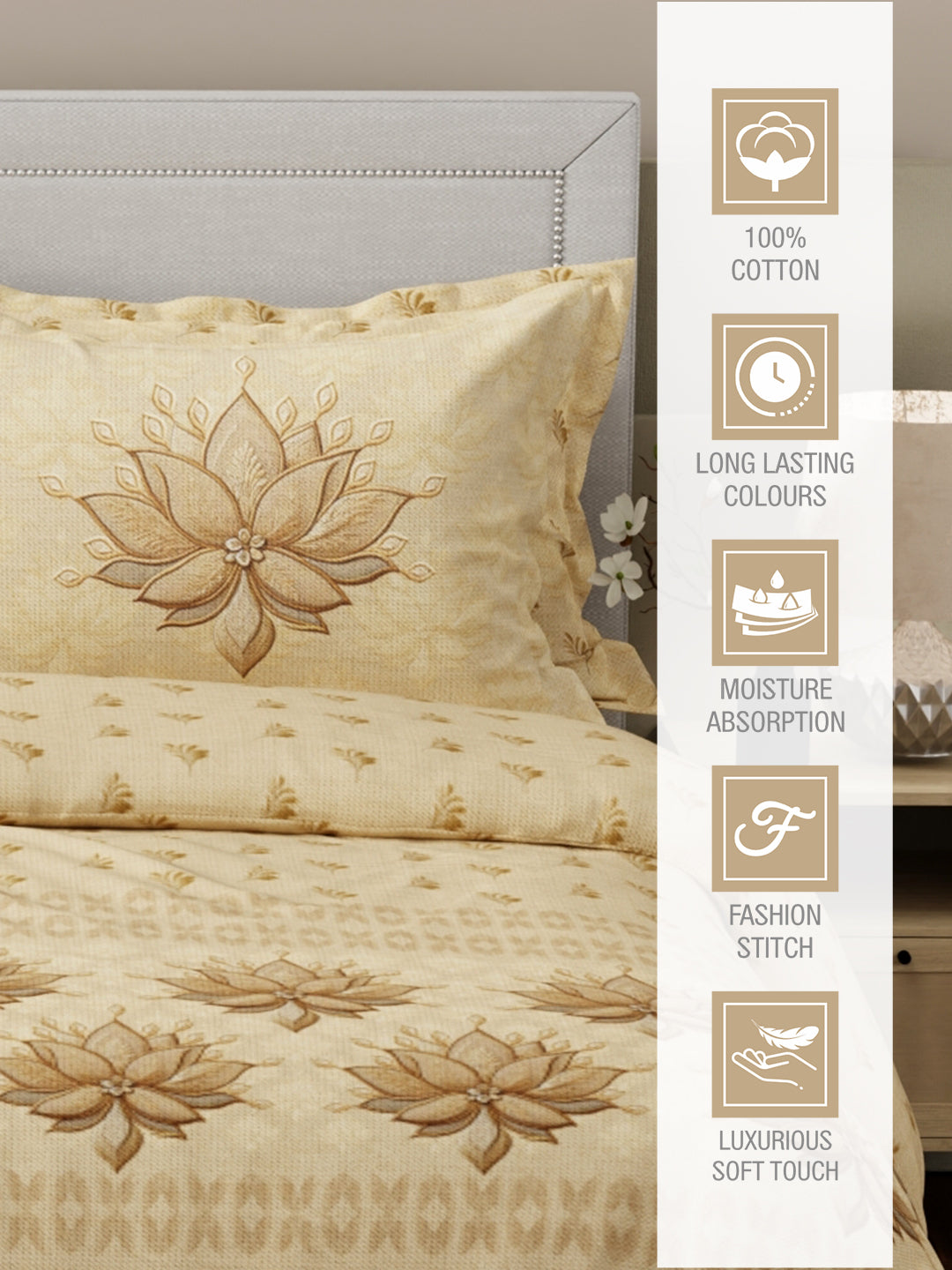 Luxe Loom 100% Cotton 600 TC Beige Floral King Bedsheet with 4 Pillow Covers