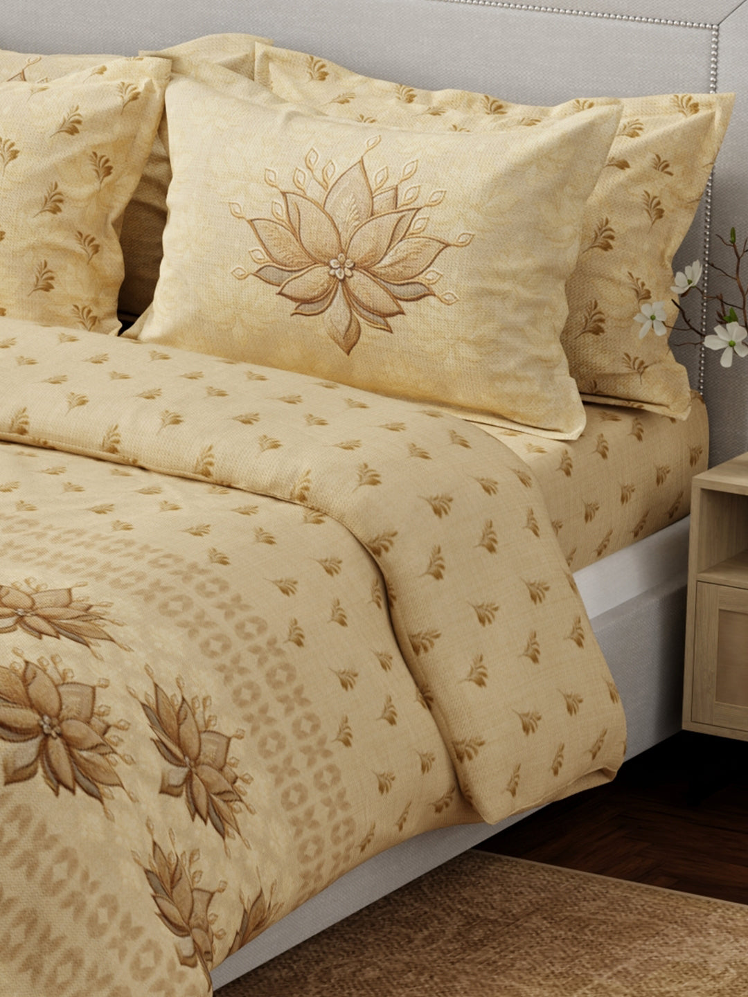 Luxe Loom 100% Cotton 600 TC Beige Floral King Bedsheet with 4 Pillow Covers