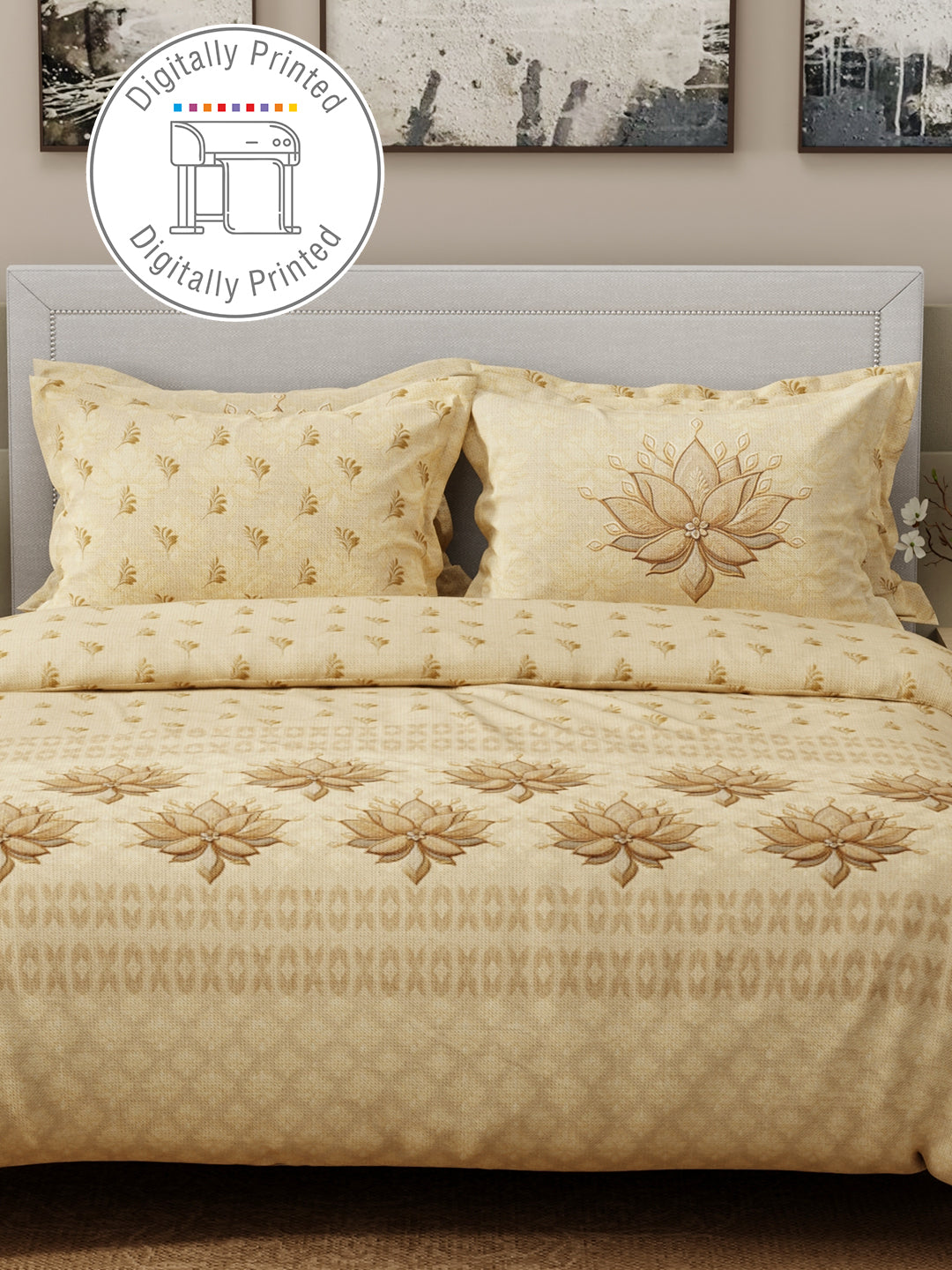 Luxe Loom 100% Cotton 600 TC Beige Floral King Bedsheet with 4 Pillow Covers