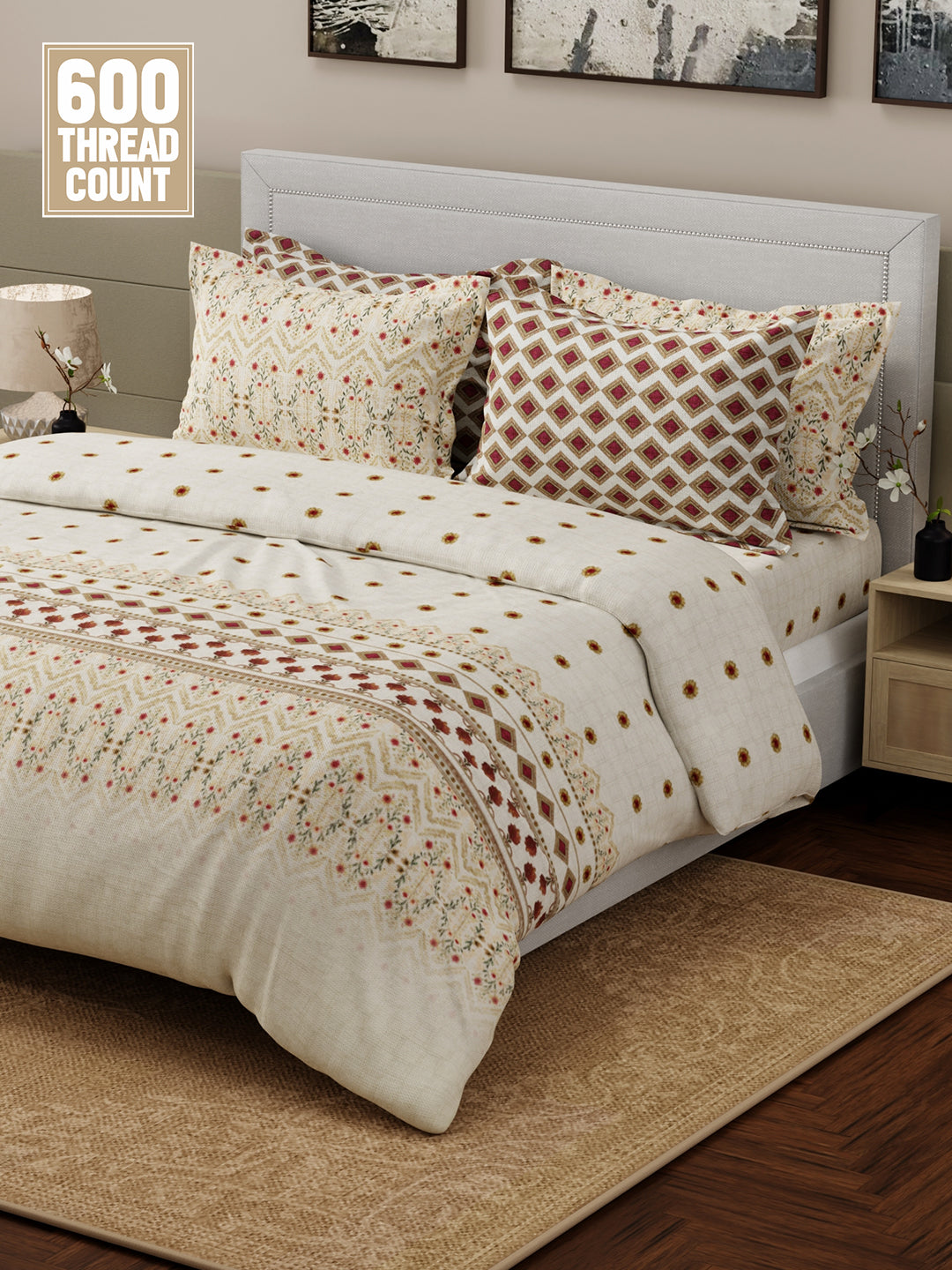 Luxe Loom 100% Cotton 600 TC Off White Floral King Bedsheet with 4 Pillow Covers