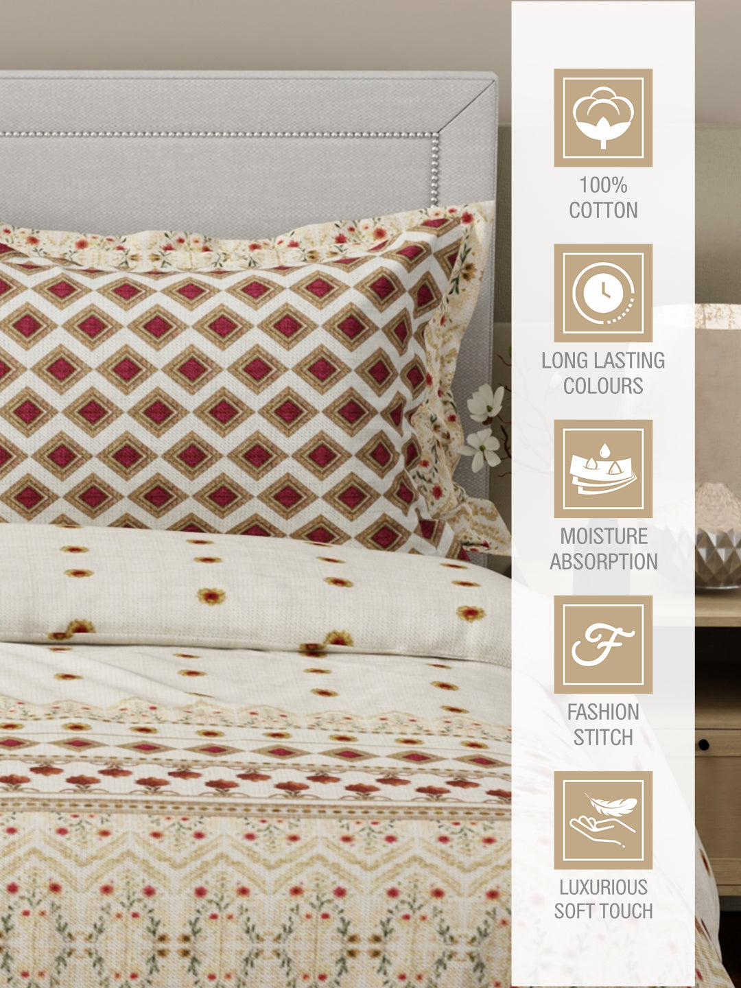 Luxe Loom 100% Cotton 600 TC Off White Floral King Bedsheet with 4 Pillow Covers