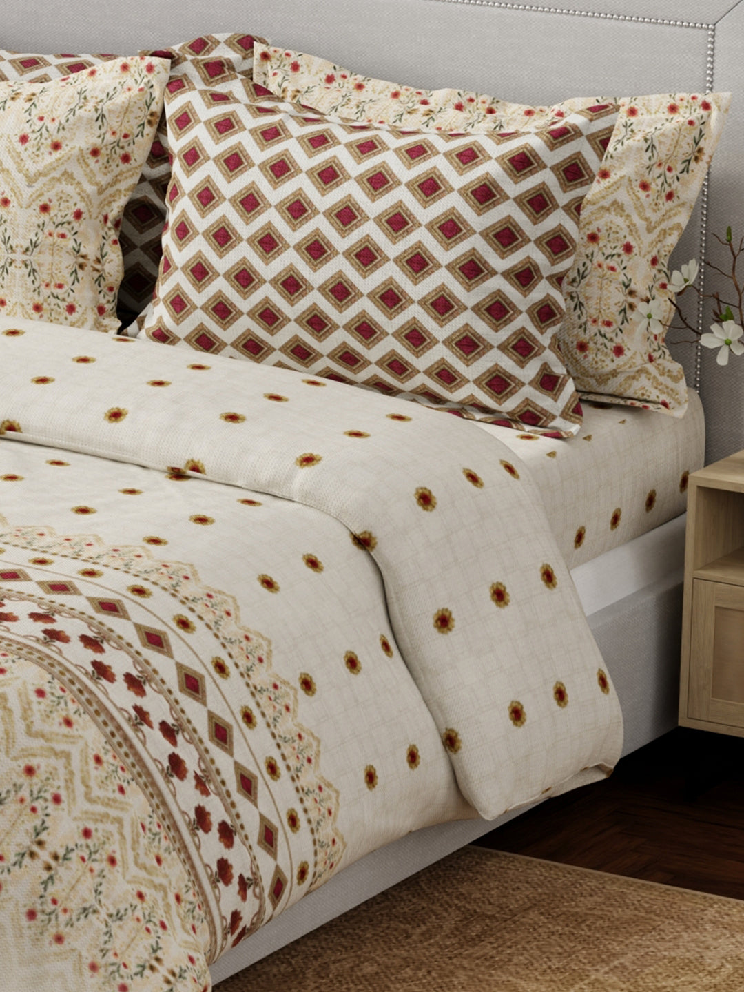 Luxe Loom 100% Cotton 600 TC Off White Floral King Bedsheet with 4 Pillow Covers