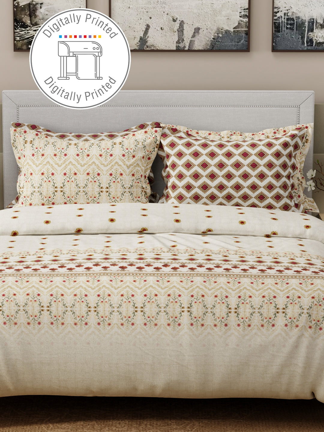 Luxe Loom 100% Cotton 600 TC Off White Floral King Bedsheet with 4 Pillow Covers