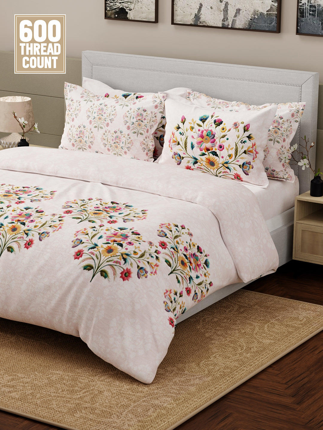 Luxe Loom 100% Cotton 600 TC Pink Floral King Bedsheet with 4 Pillow Covers
