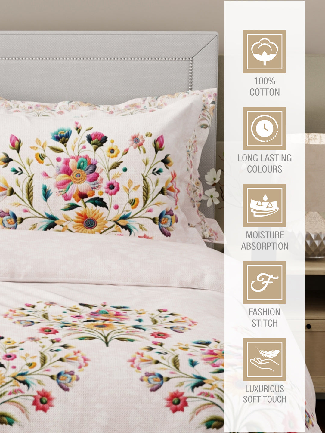 Luxe Loom 100% Cotton 600 TC Pink Floral King Bedsheet with 4 Pillow Covers