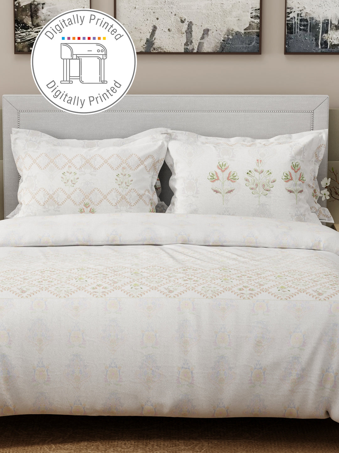 Luxe Loom 100% Cotton 600 TC White Floral King Bedsheet with 4 Pillow Covers