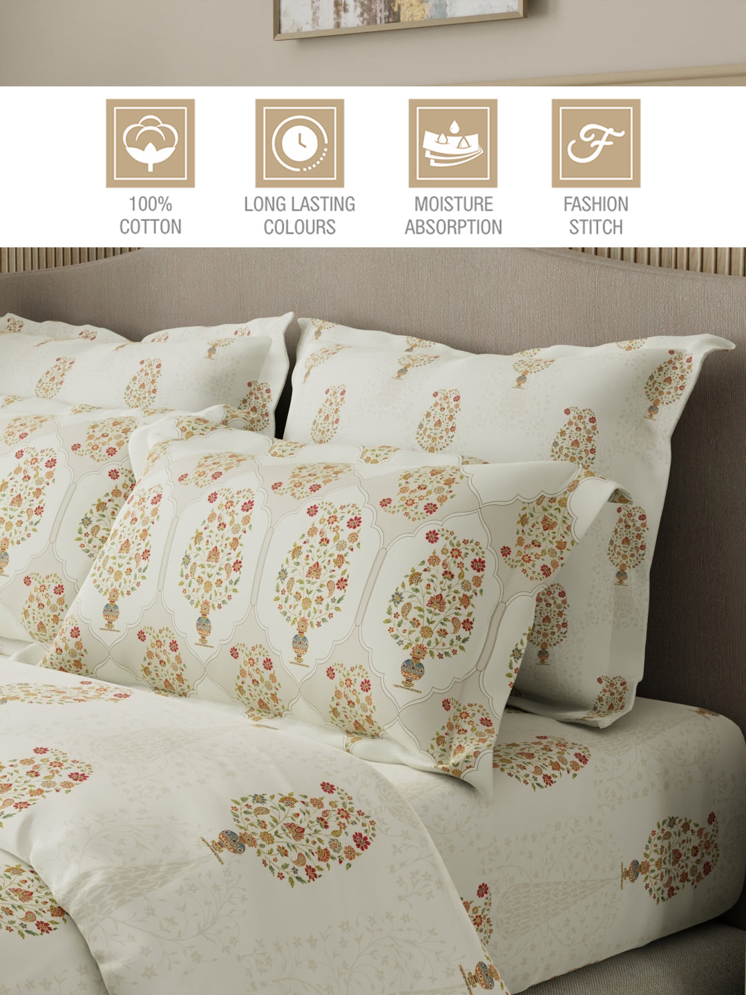 Royal Essence 100% Cotton 400 TC White Digital Ethnic Print King Bedsheet with 4 Pillow Covers