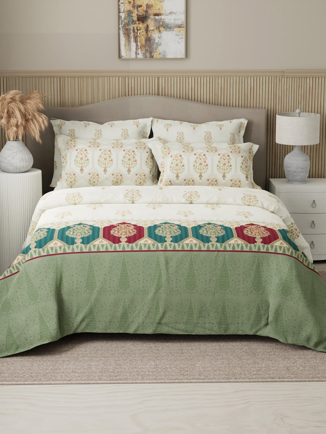 Royal Essence 100% Cotton 400 TC White Digital Ethnic Print King Bedsheet with 4 Pillow Covers