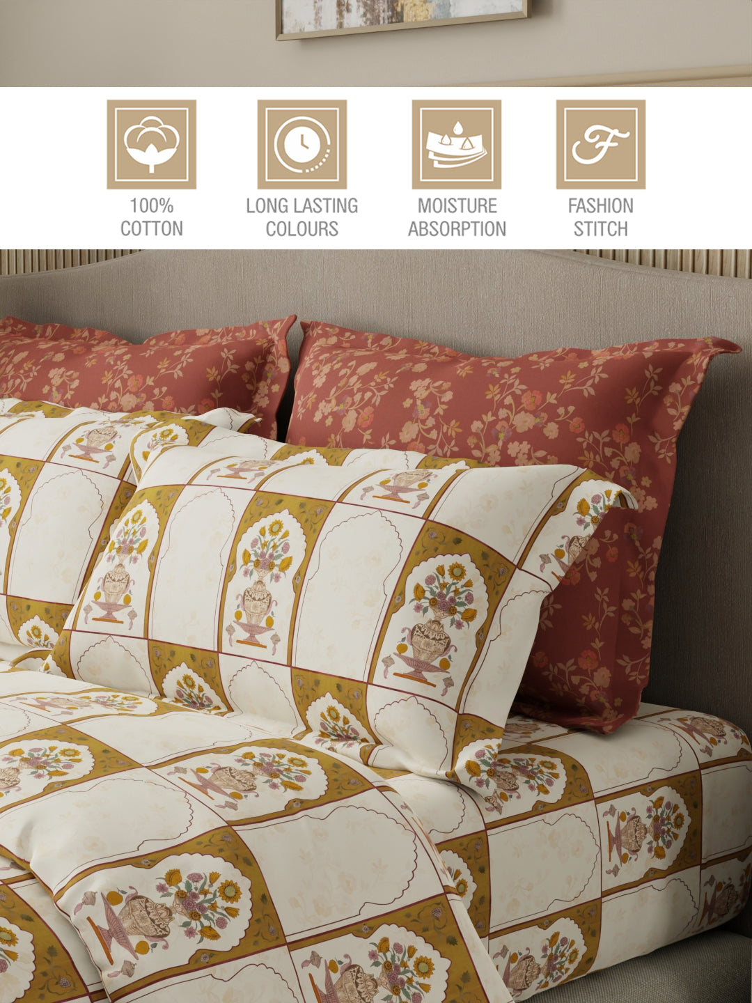 Royal Essence 100% Cotton 400 TC Multicolor Digital Ethnic Print King Bedsheet with 4 Pillow Covers