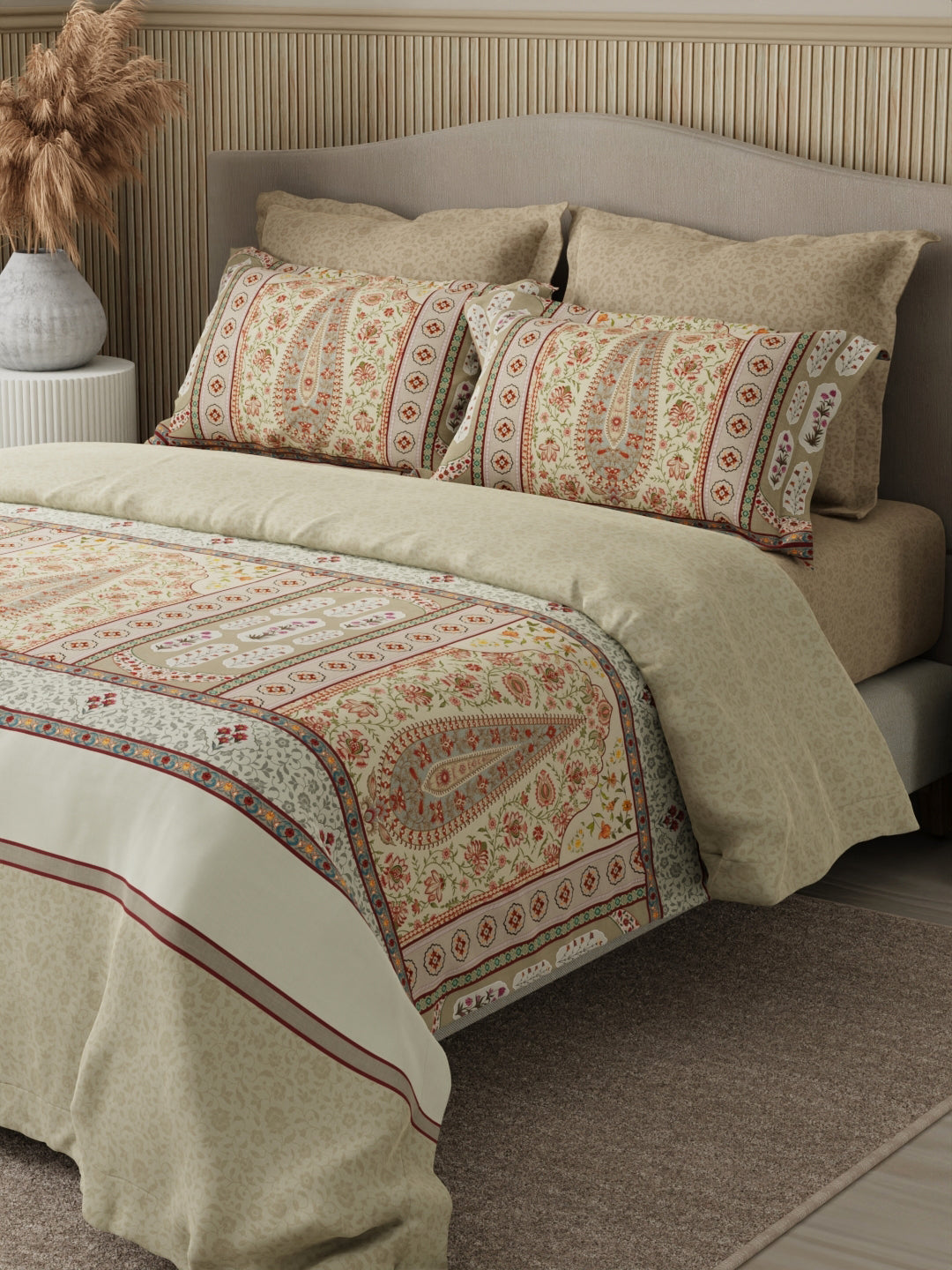 Royal Essence 100% Cotton 400 TC Beige Digital Ethnic Print King Bedsheet with 4 Pillow Covers