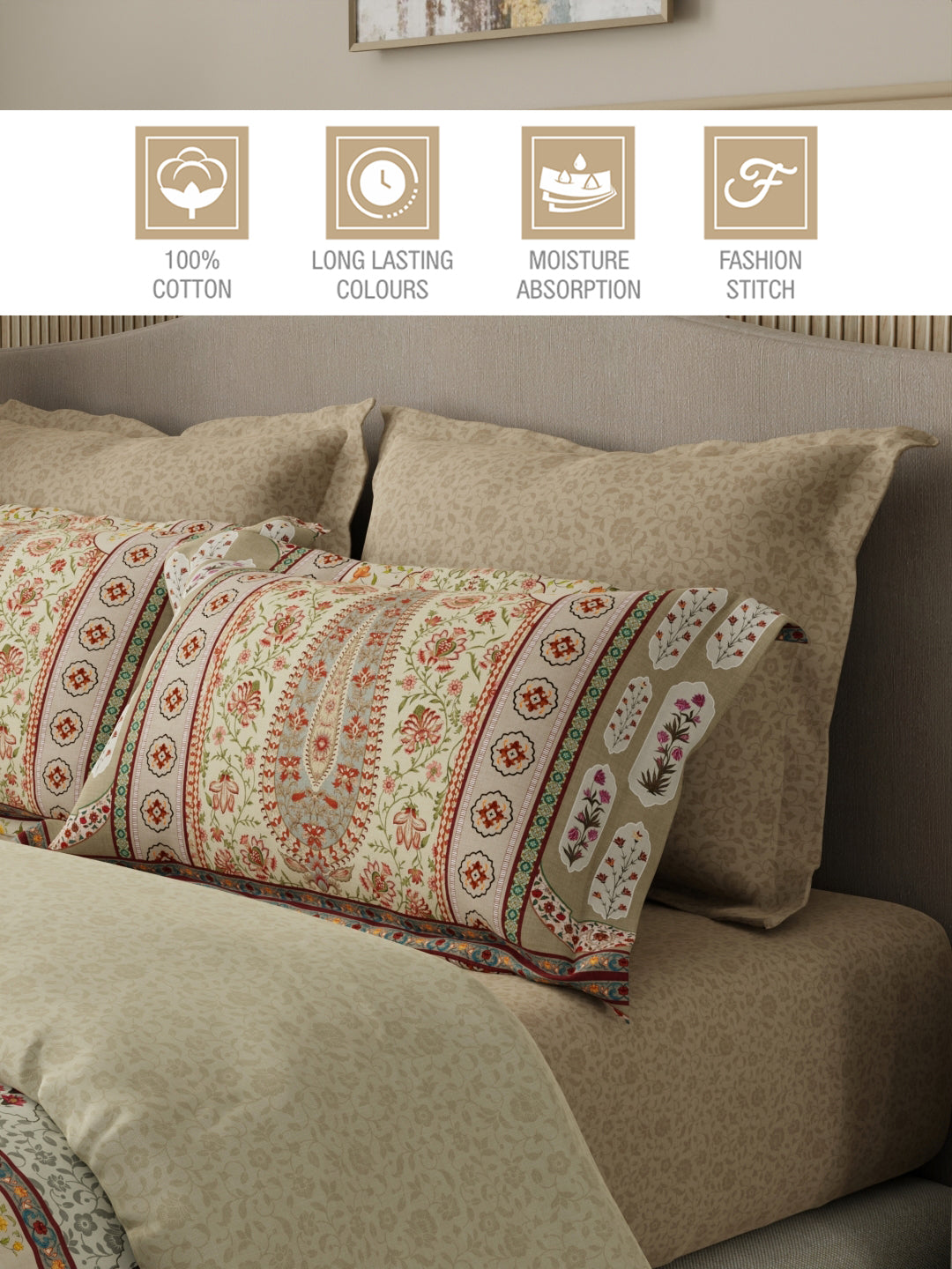 Royal Essence 100% Cotton 400 TC Beige Digital Ethnic Print King Bedsheet with 4 Pillow Covers