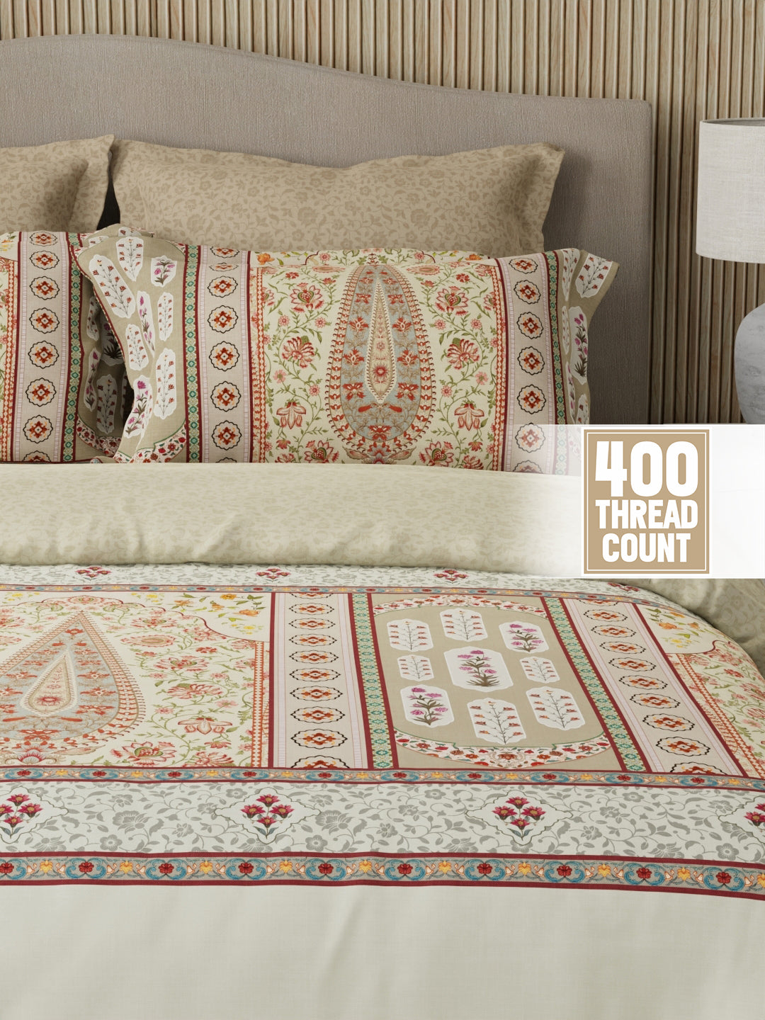 Royal Essence 100% Cotton 400 TC Beige Digital Ethnic Print King Bedsheet with 4 Pillow Covers