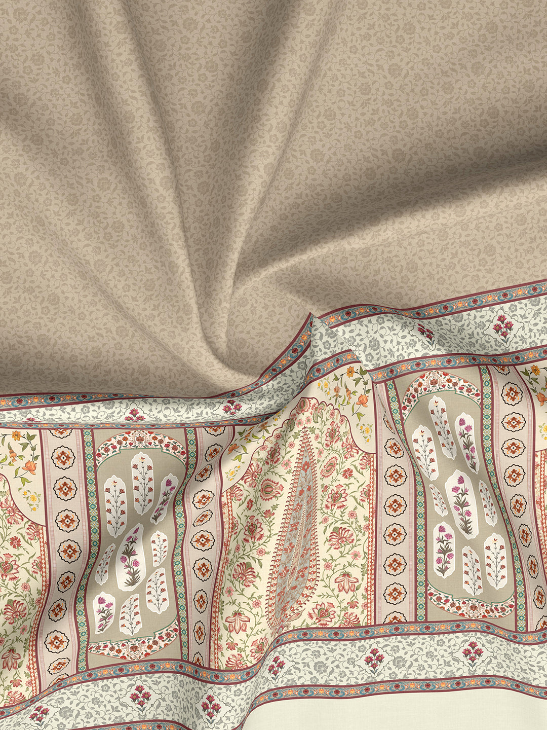 Royal Essence 100% Cotton 400 TC Beige Digital Ethnic Print King Bedsheet with 4 Pillow Covers