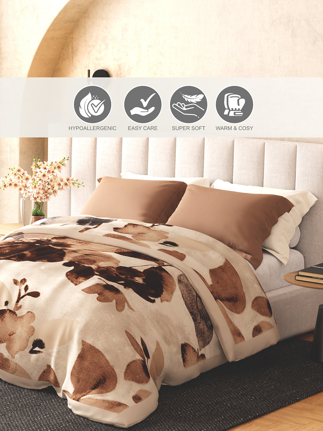 Luxe Loom 800 GSM Brown Floral Print 2 Ply Double Premium Mink Blanket (Size - 2.20 m x 2.40 m)